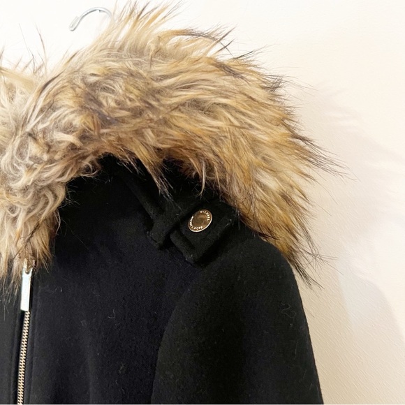 Michael Kors Black Wool Parka Fur Hood Coat Gold Hardware Size 14 Mid Length - Picture 4 of 14